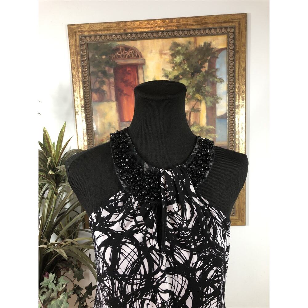 Cato Women’s Sleeveless Beaded Neck Top Medium Black White Abstract Print - Picture 2 of 10